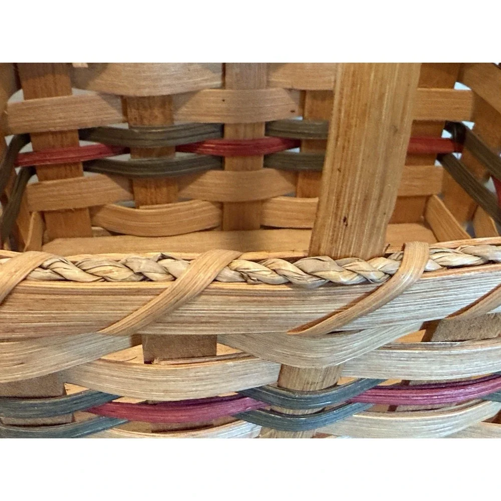Hand Crafted Woven Double Wine Basket 3 Tone Wood With Handle Signed Dated 2006